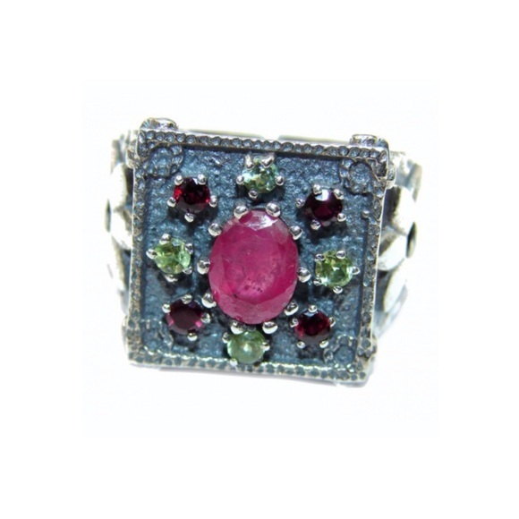 STERLING SILVER GARNET & PERIDOT STATEMENT RING - Picture 1 of 7